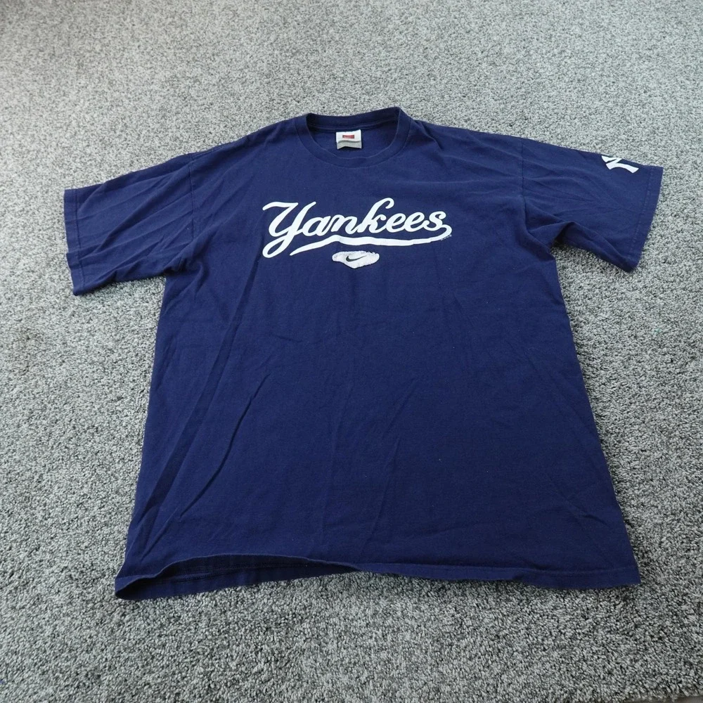 VTG New York Yankees Shirt Mens L Blue Nike‎ Center Swoosh MLB Baseball Tee 90s